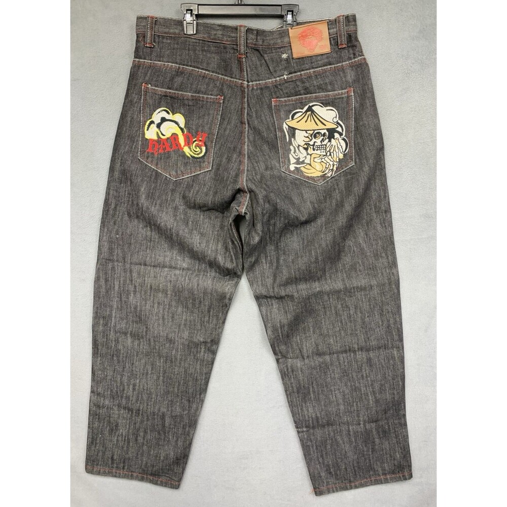 Hardy Men's Embroidered Skeleton Graphic Jeans Dark Wash 38x32 Y2K Streetwear